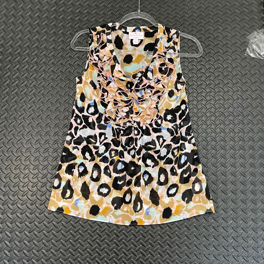 Mathew Williamson Spotted Ruffle Brown Black Scoop Neck Sleeveless Blouse XS‎
